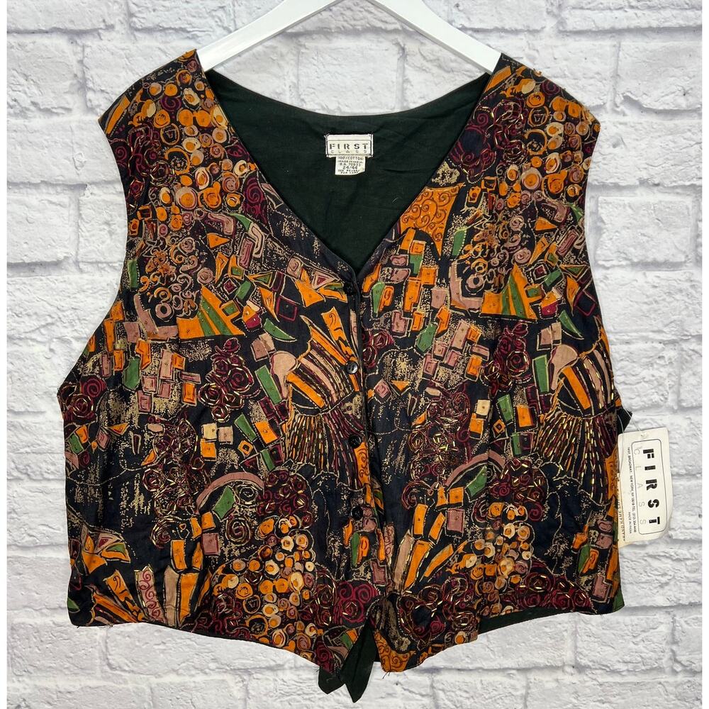 Vintage First Class Womens Vest Size 2XL Abstract Floral Beaded New Button Front